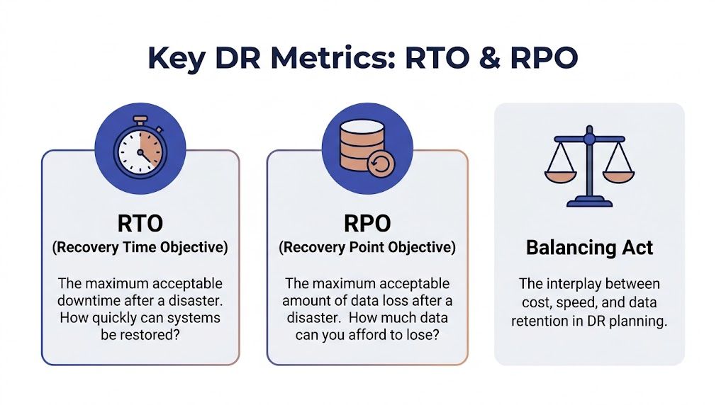 A diagram explaining key disaster recovery metrics RTO and RPO alongside a balancing act concept.