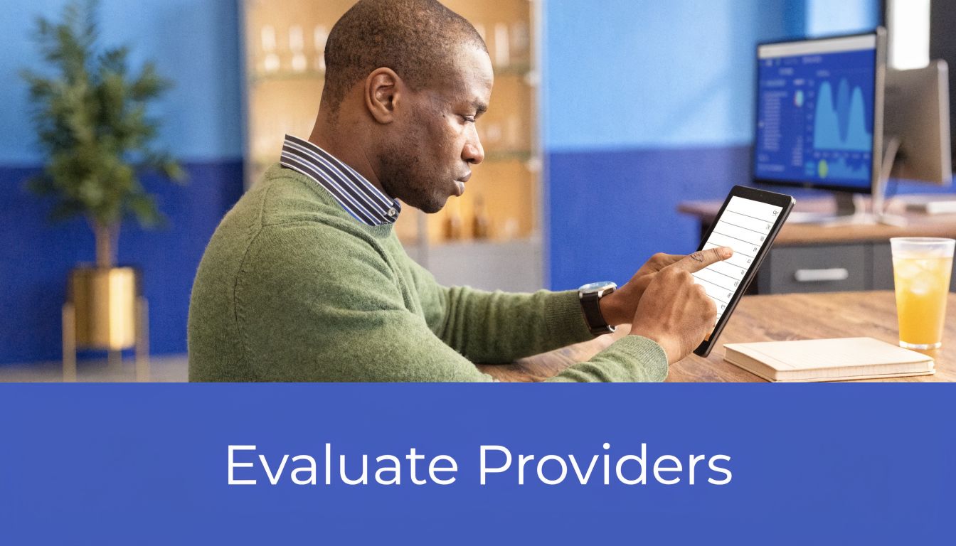 A professional man reviewing data backup and disaster recovery service provider options on a digital tablet.