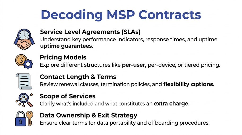 A guide listing five key factors to consider when reviewing and decoding managed service provider contracts.