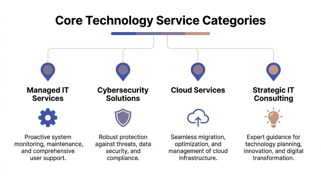 A diagram outlining four core technology service categories: Managed IT, Cybersecurity, Cloud Services, and Strategic IT Consulting.