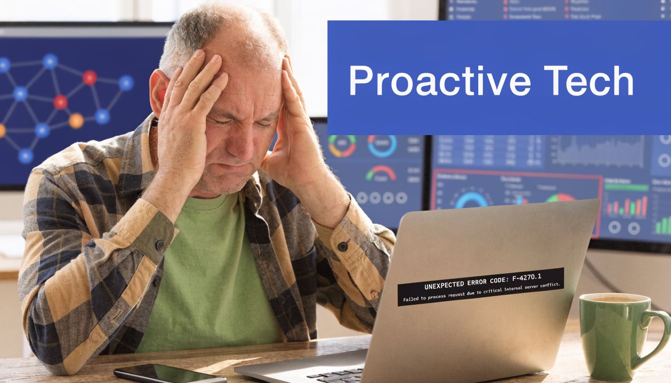 A stressed man sitting at a desk with a computer showing a critical server error message.