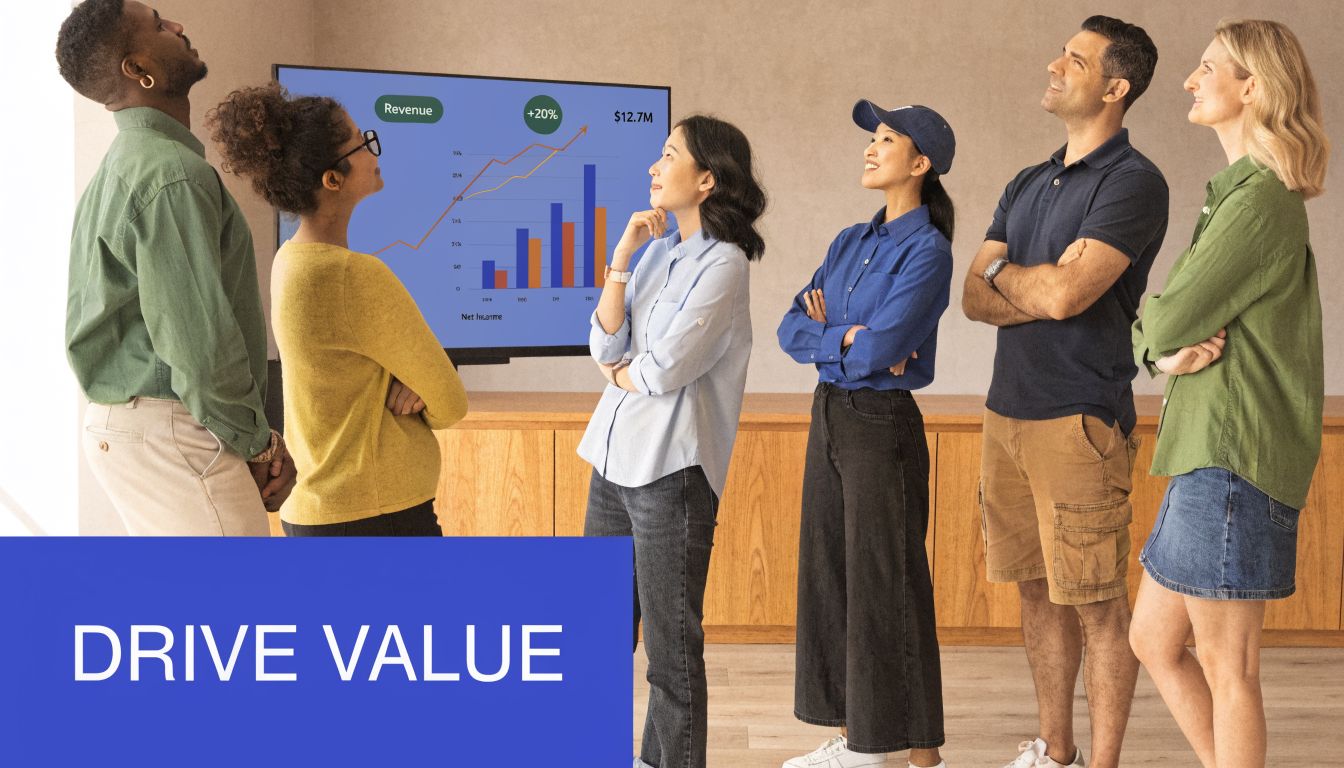 A diverse group of professionals looking thoughtfully at a business presentation chart in a modern office setting.