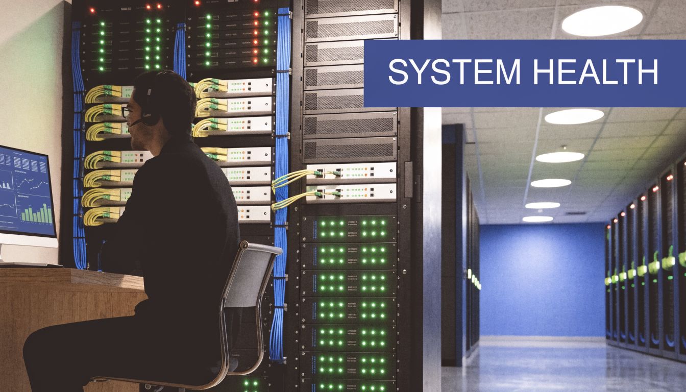 An IT technician monitors server performance in a data center with a large system health display.