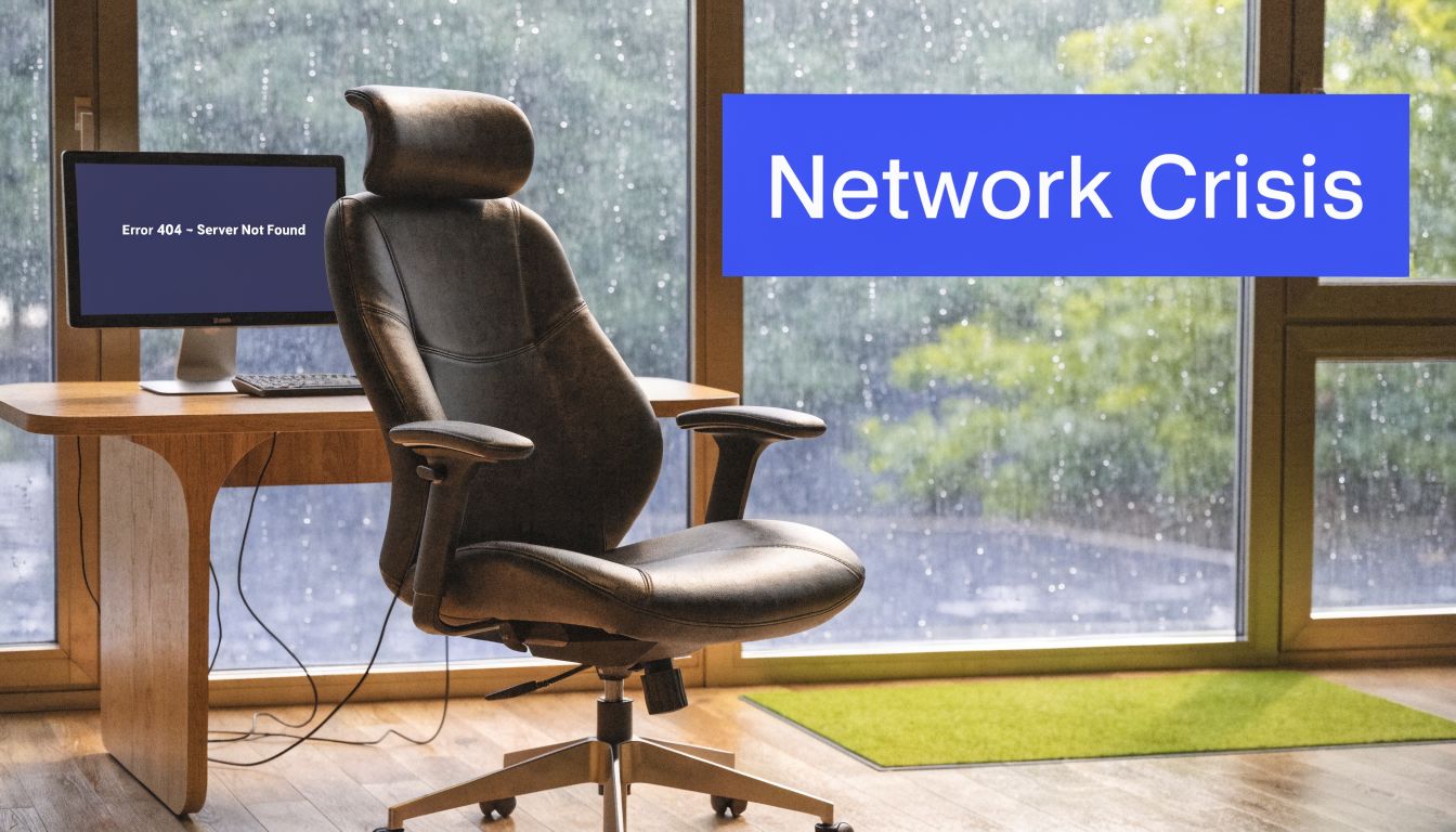 A modern leather office chair at a desk with a computer showing a network error screen.