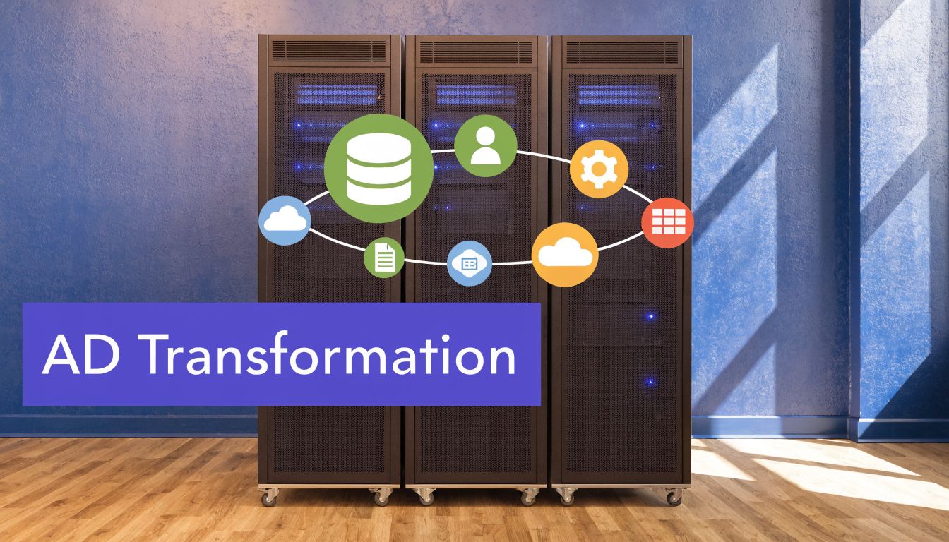 Three server racks with an overlaid diagram showing Active Directory data transformation and cloud network icons.