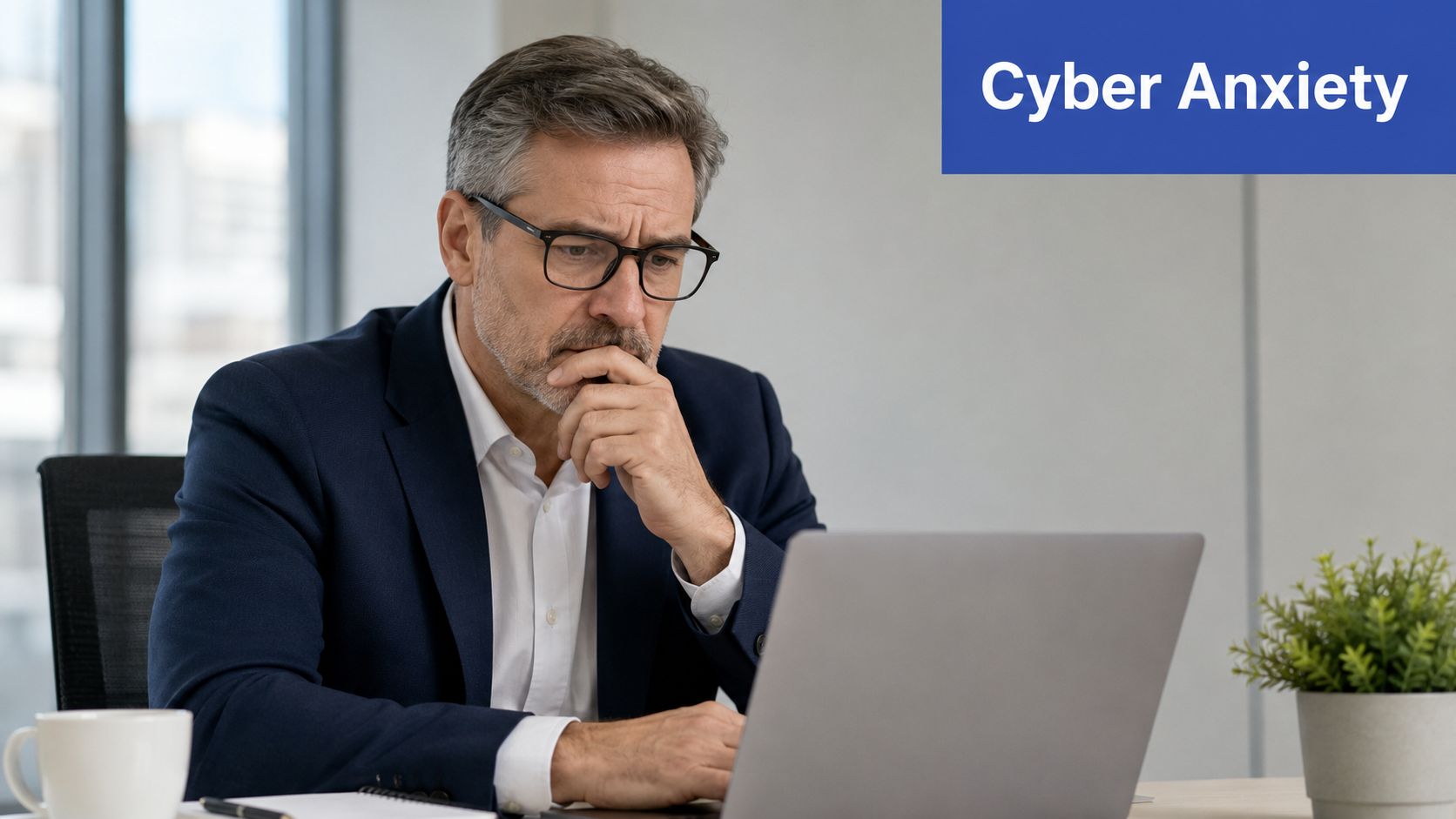 A concerned businessman looking at a laptop computer while reflecting on cyber security threats in office.