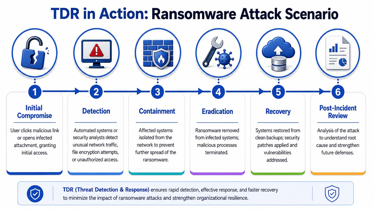A six-step infographic illustrating the TDR process for managing and mitigating ransomware cyber attacks in organizations.