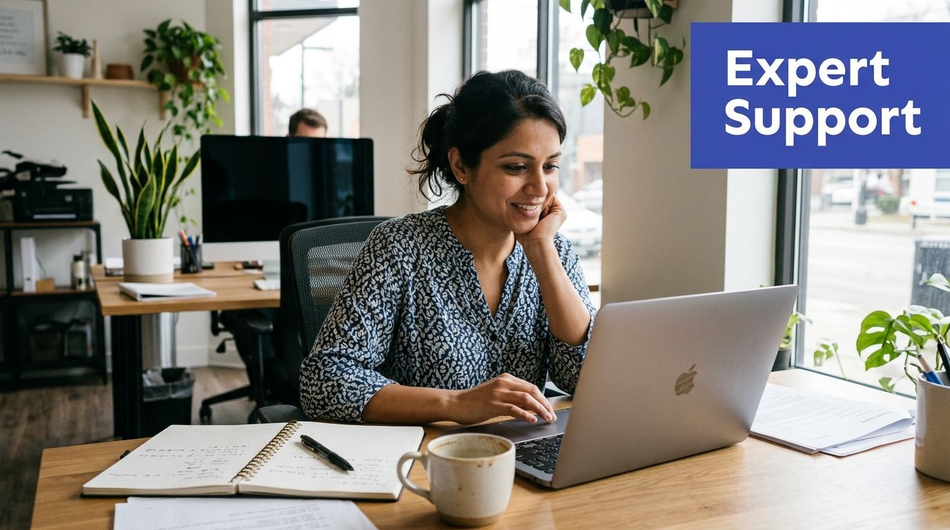 A smiling woman working on a laptop at a bright office desk with documents and coffee.