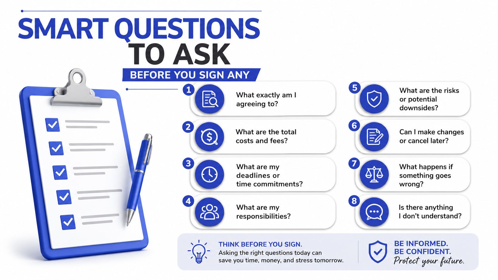 A checklist infographic listing eight smart questions to ask before signing any legal documents or contracts.