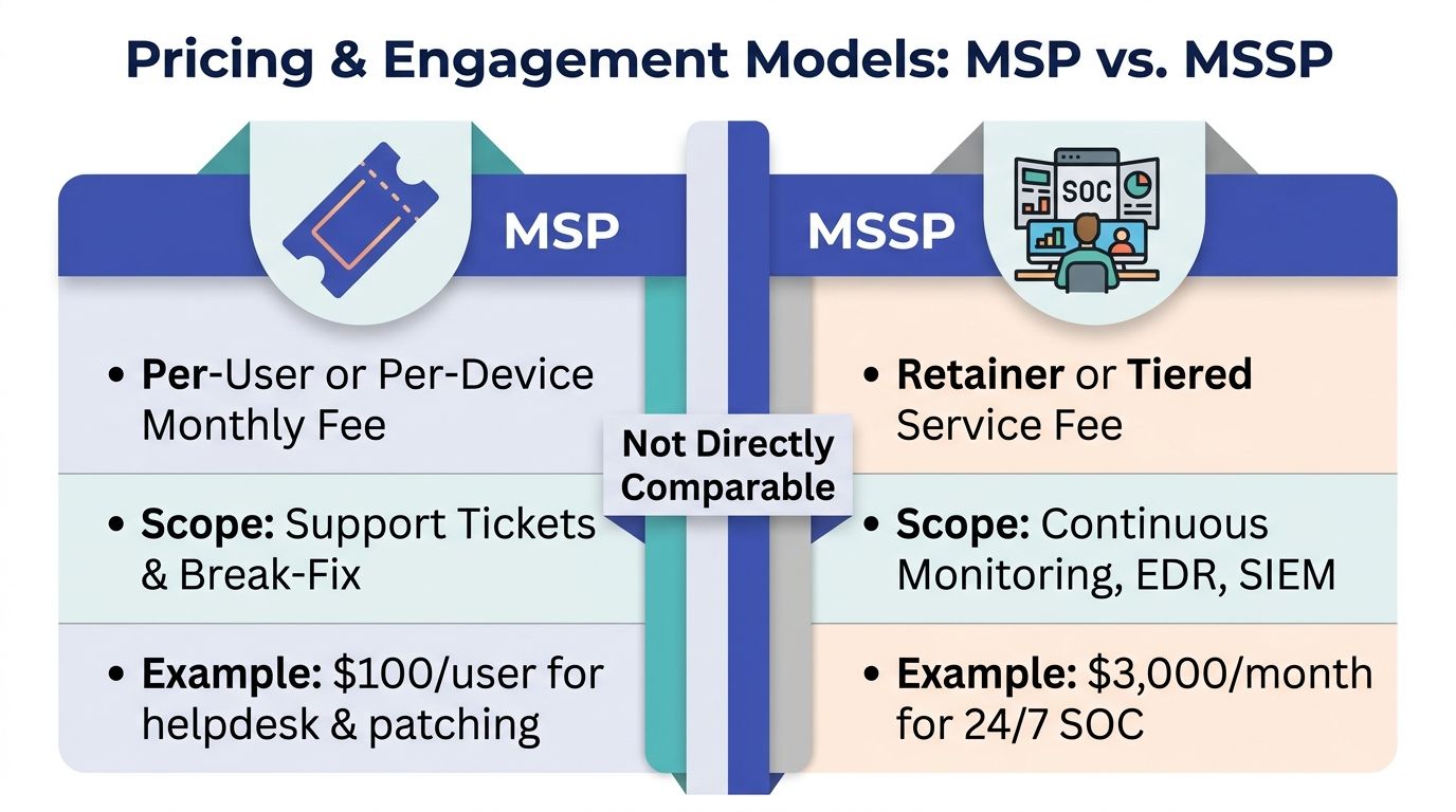 A comparison chart outlining the differences in pricing and engagement models between MSP and MSSP services.