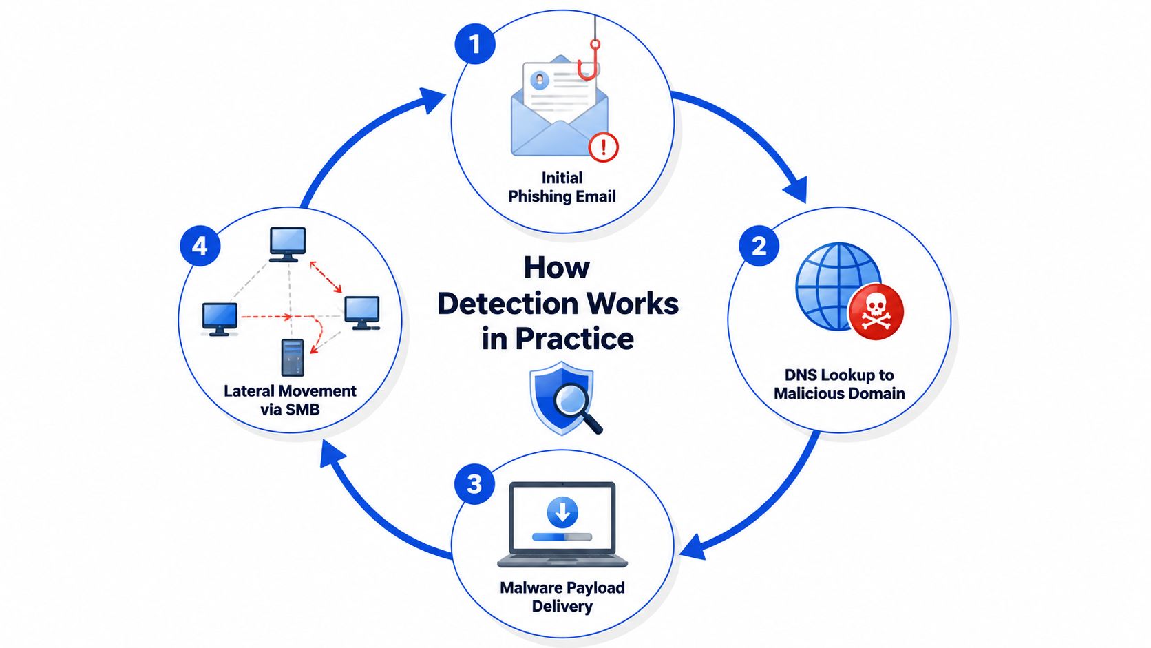 A diagram illustrating the four-step lifecycle of a cyberattack including phishing, DNS lookups, malware delivery, and lateral movement.