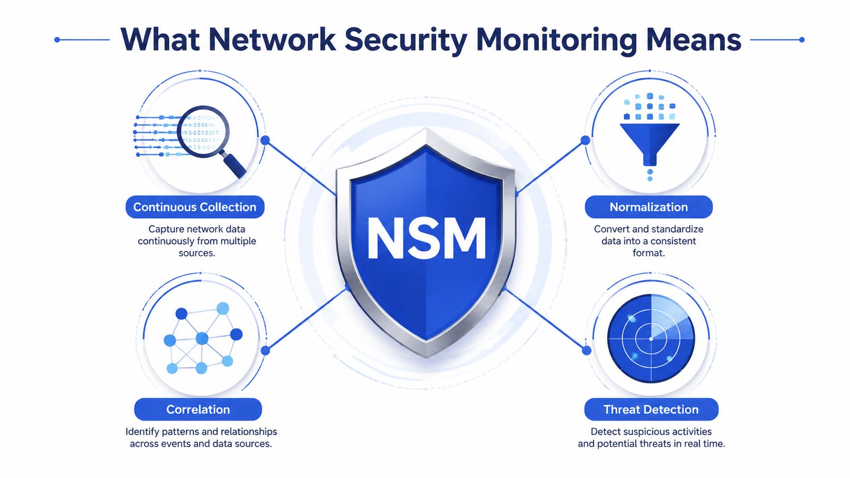 A diagram illustrating the four key components of Network Security Monitoring: collection, normalization, correlation, and threat detection.