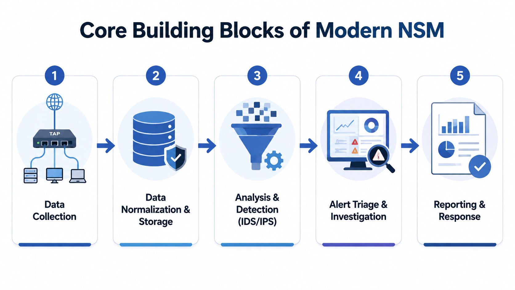 A diagram illustrating the five core building blocks of modern network security monitoring in sequential order.