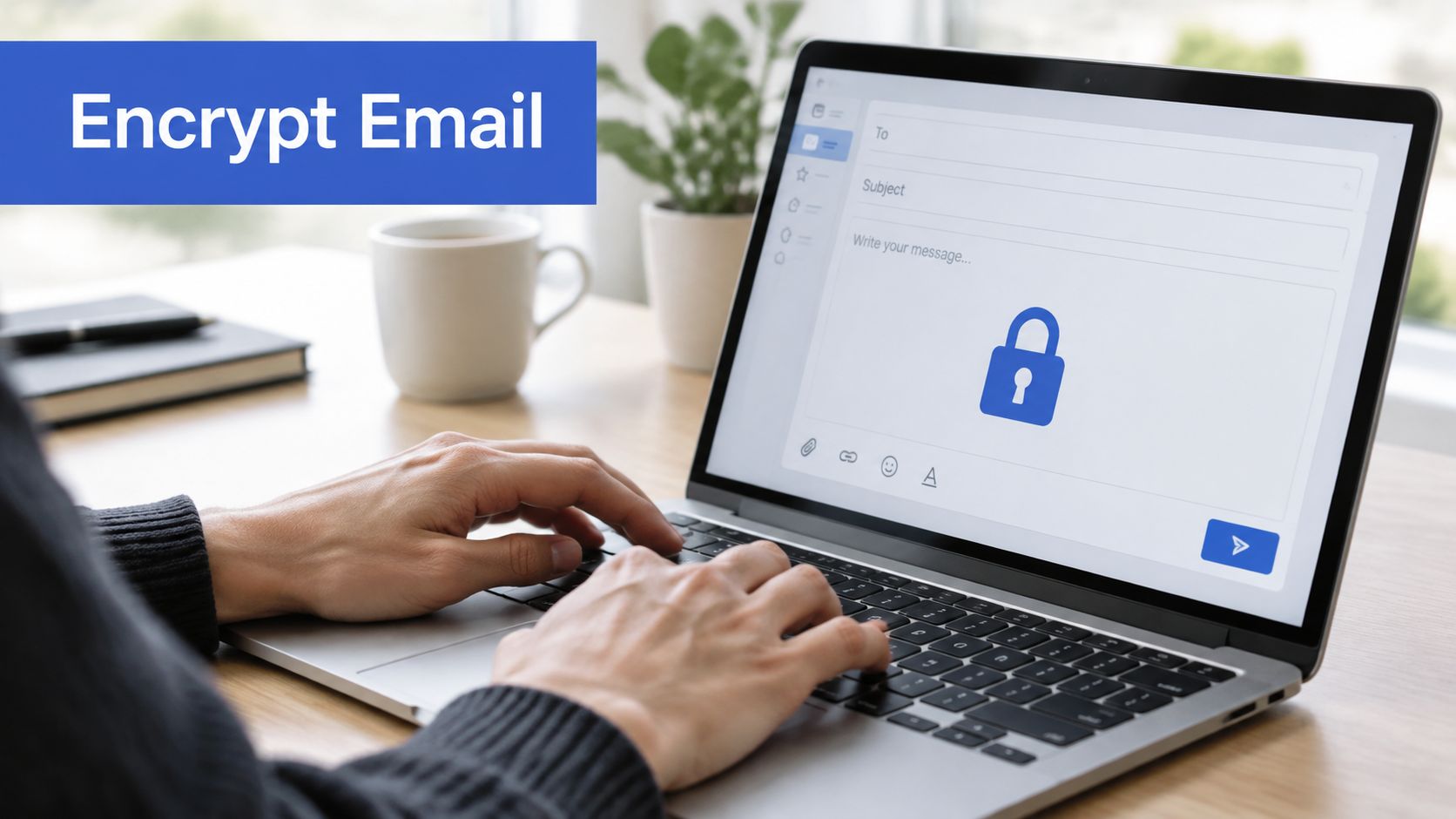 A person typing on a laptop computer screen displaying an encrypted email message with a lock icon.