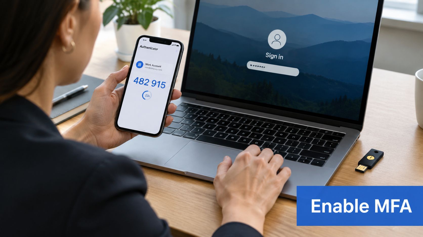 A professional woman using a smartphone authenticator app to secure her laptop login for email security.