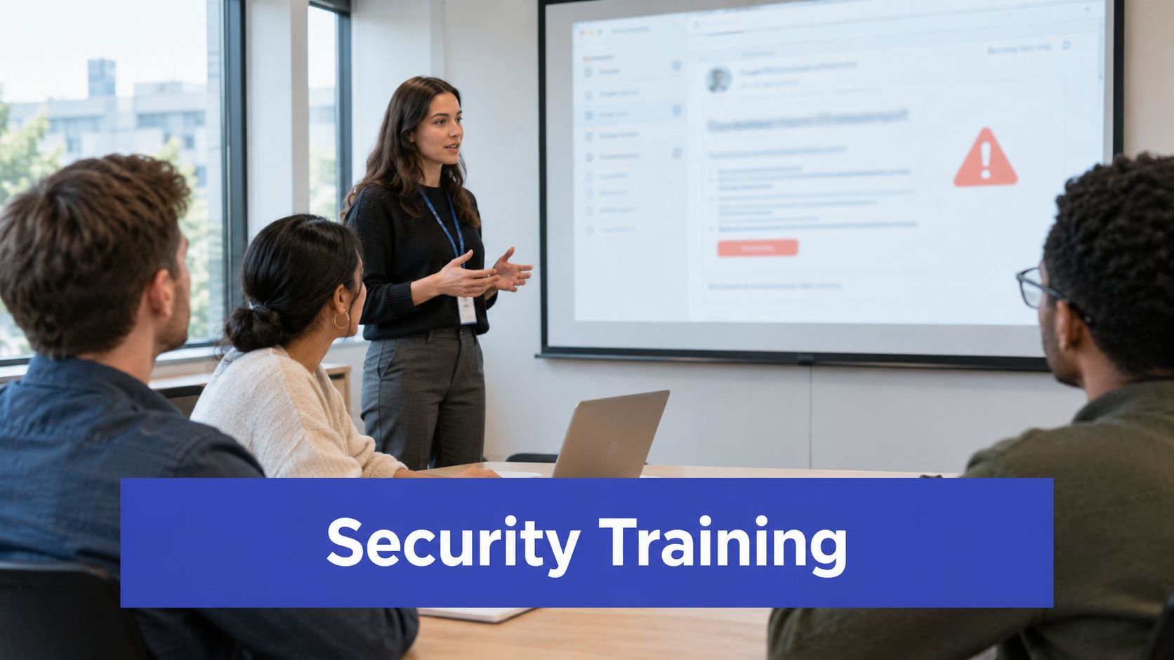 A businesswoman presenting security training information on a large screen to a group of professional colleagues.