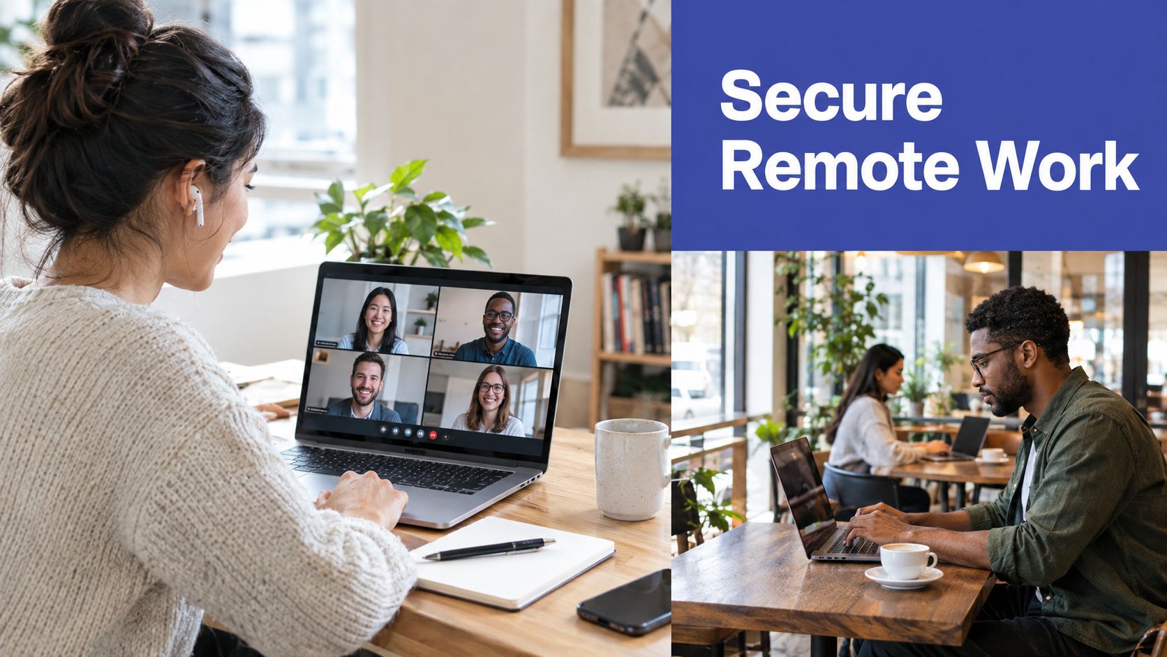 A woman working remotely on a video call while a man works on his laptop in a cafe.